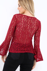 Wine Lace V Neck Top - Honey-Tops