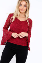 Wine Lace V Neck Top - Honey-Tops