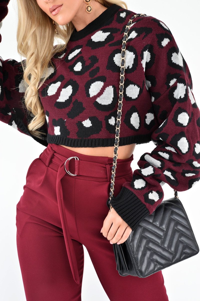 Wine Leopard Crop Batwing Jumper - Raigen-Jumper