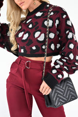 Wine Leopard Crop Batwing Jumper - Raigen-Jumper