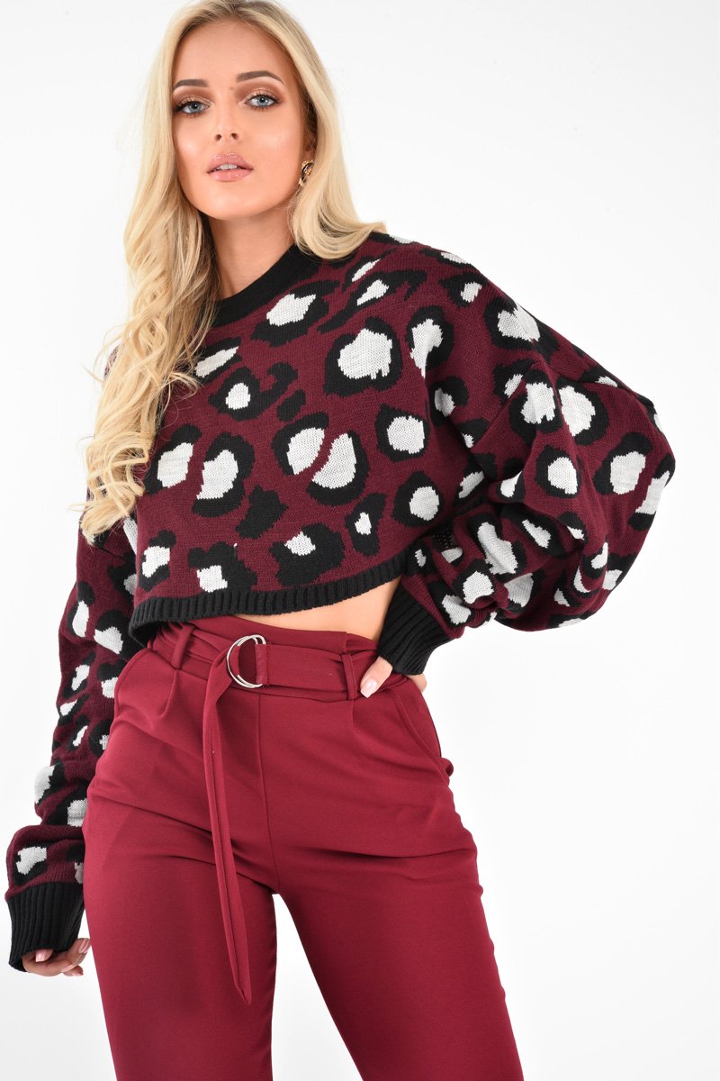 Wine Leopard Crop Batwing Jumper - Raigen-Jumper