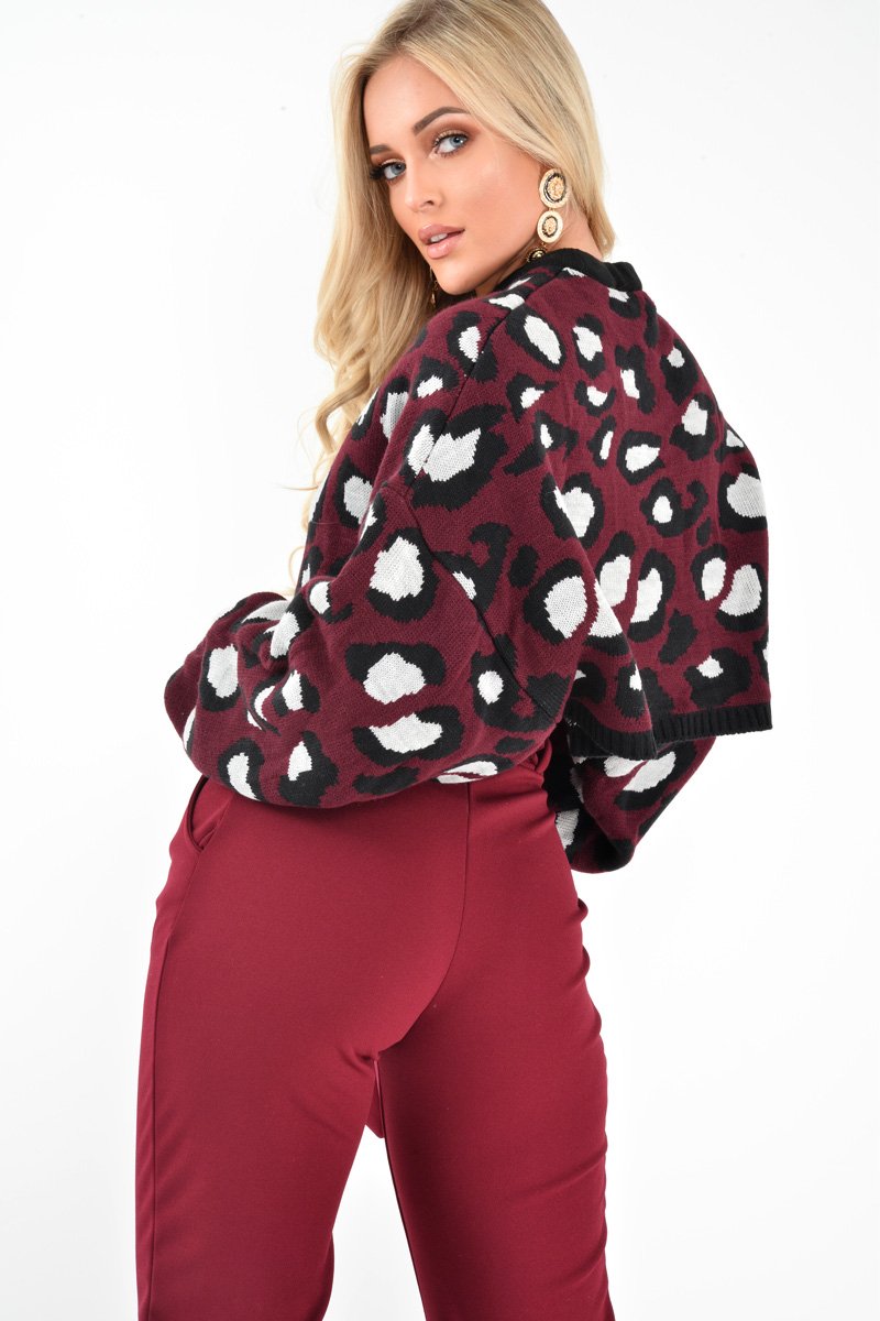 Wine Leopard Crop Batwing Jumper - Raigen-Jumper