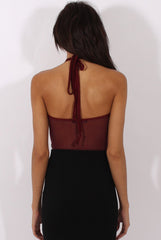 Wine Mesh Flocked Halter Neck Bodysuit - Annetta-Bodysuits