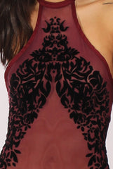 Wine Mesh Flocked Halter Neck Bodysuit - Annetta-Bodysuits