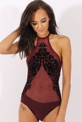 Wine Mesh Flocked Halter Neck Bodysuit - Annetta-Bodysuits