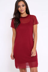 Wine Mesh Overlay T-Shirt Dress - Selena-Dresses