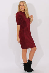 Wine Metallic Pleated Short Sleeve Midi Dress - Kitty-Dresses