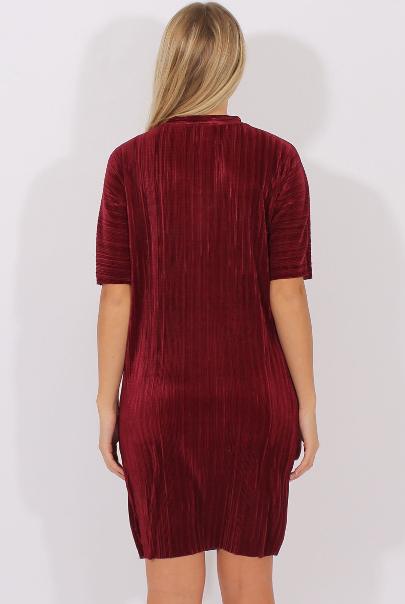 Wine Metallic Pleated Short Sleeve Midi Dress - Kitty-Dresses