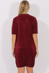 Wine Metallic Pleated Short Sleeve Midi Dress - Kitty-Dresses