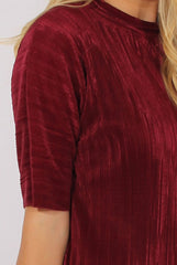 Wine Metallic Pleated Short Sleeve Midi Dress - Kitty-Dresses