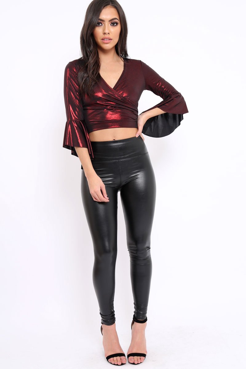 Wine Metallic Plunge Bell Sleeve Crop Top - Merla-Crop Tops