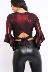 Wine Metallic Plunge Bell Sleeve Crop Top - Merla-Crop Tops