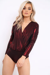 Wine Metallic Wrap Front Bodysuit - Kristen-Bodysuits