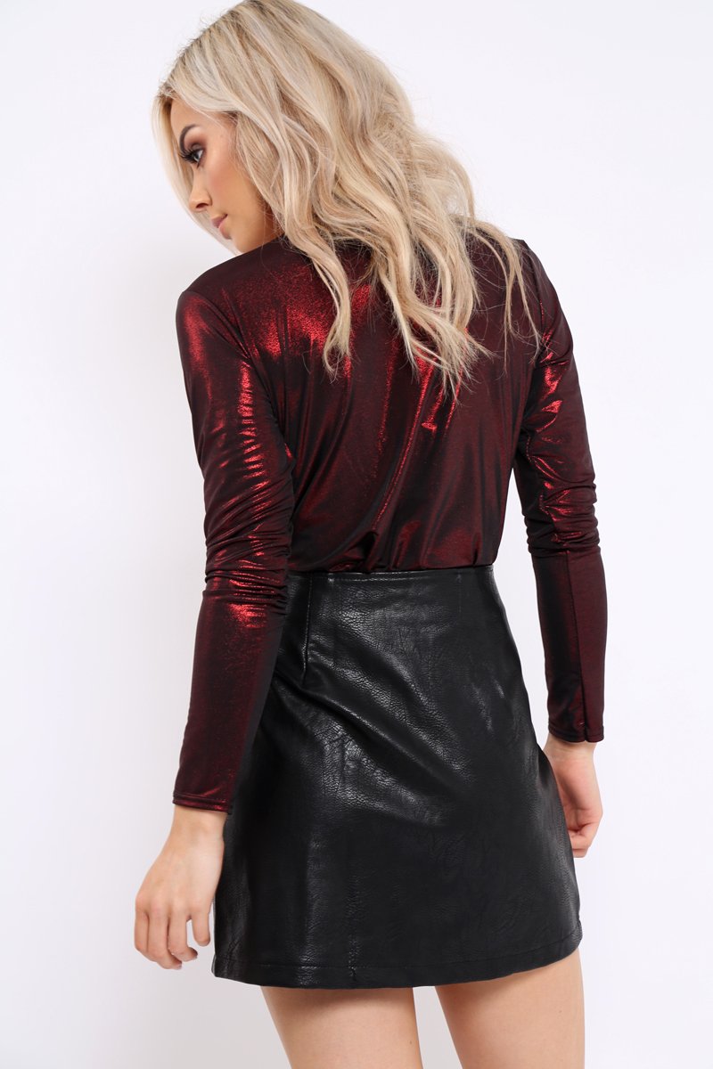 Wine Metallic Wrap Front Bodysuit - Kristen-Bodysuits