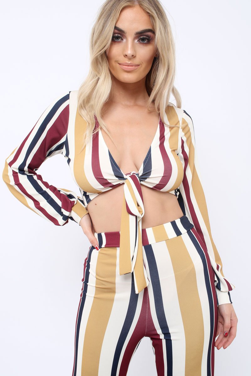 Wine Multi Stripe Plunge Tie Top - Nali-Tops