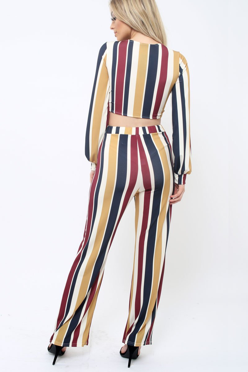 Wine Multi Stripe Plunge Tie Top - Nali-Tops