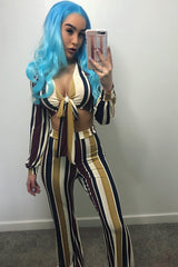 Wine Multi Stripe Plunge Tie Top - Nali-Tops