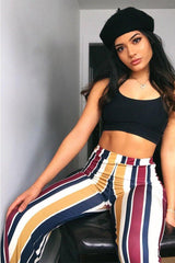 Wine Multi Stripe Wide Leg Trousers - Mitzy-Trousers