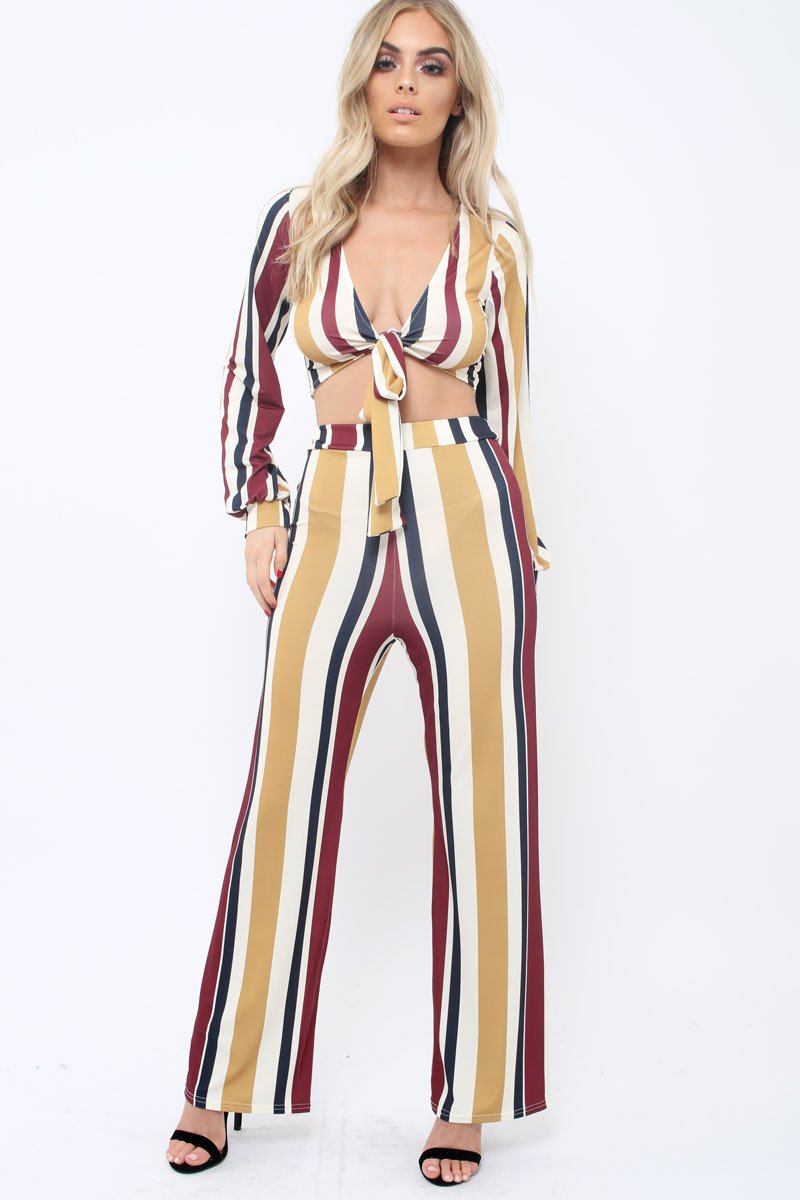 Wine Multi Stripe Wide Leg Trousers - Mitzy-Trousers
