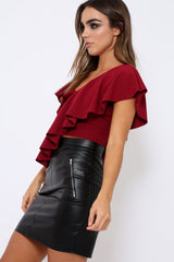 Wine One Shouldered Frill Top - Maysa-Tops