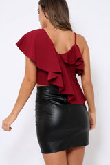 Wine One Shouldered Frill Top - Maysa-Tops