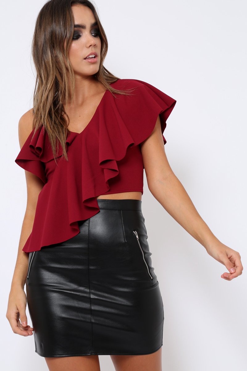 Wine One Shouldered Frill Top - Maysa-Tops