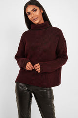 Wine Ottoman Rib Roll Neck Jumper - Renee-Jumper
