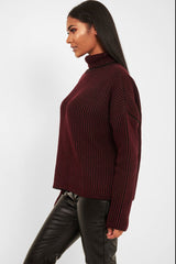 Wine Ottoman Rib Roll Neck Jumper - Renee-Jumper