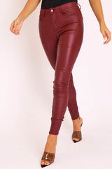 Wine PU Coated Skinny Jeans - Rachell-Jeans
