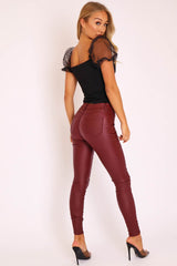 Wine PU Coated Skinny Jeans - Rachell-Jeans