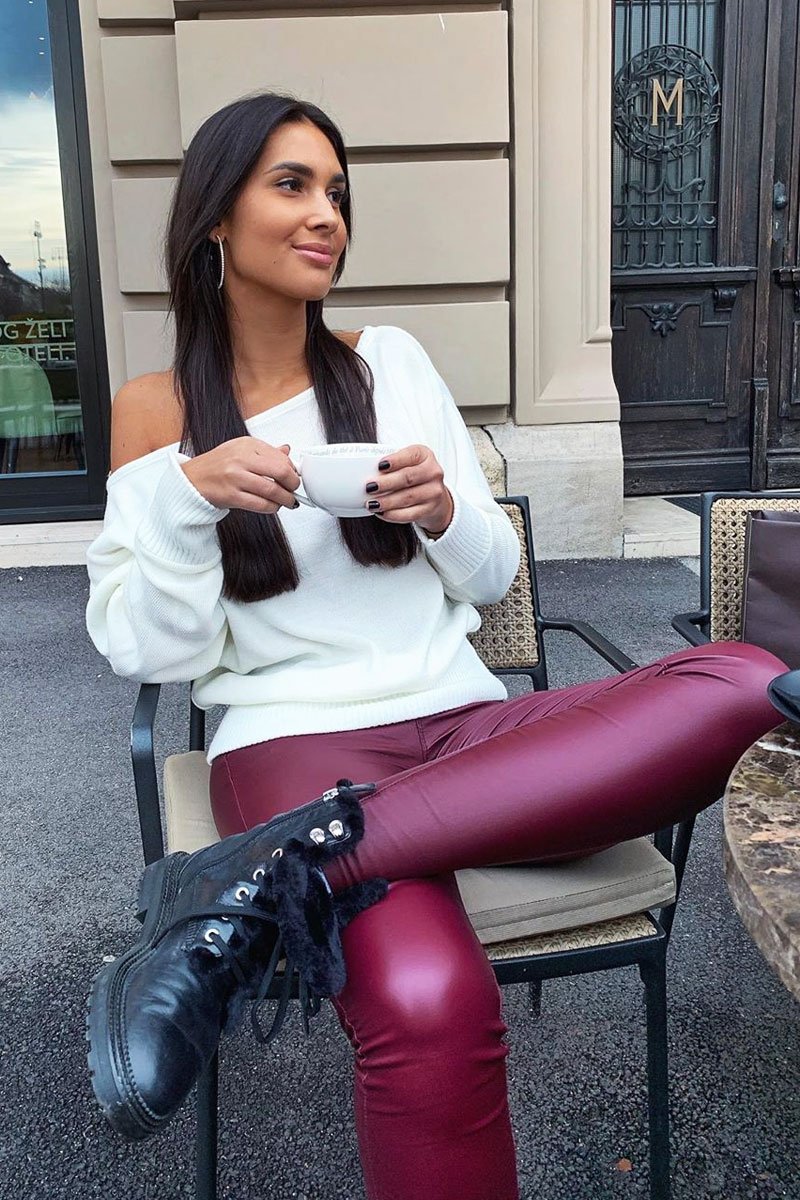 Wine PU Coated Skinny Jeans - Rachell-Jeans