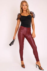 Wine PU Coated Skinny Jeans - Rachell-Jeans