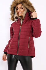Wine Padded Coat with Fur Hood - Francesca-Coats