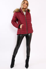 Wine Padded Coat with Fur Hood - Francesca-Coats