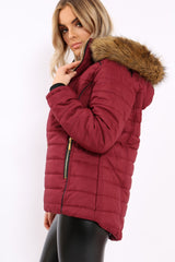 Wine Padded Coat with Fur Hood - Francesca-Coats
