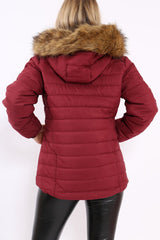 Wine Padded Coat with Fur Hood - Francesca-Coats
