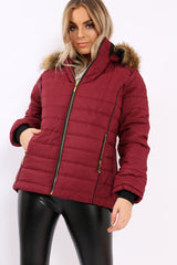 Wine Padded Coat with Fur Hood - Francesca-Coats