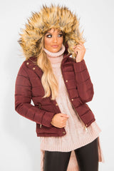 Wine Padded Coat with Fur Trim Hood - Helena-Coats
