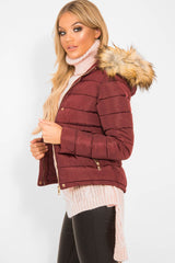 Wine Padded Coat with Fur Trim Hood - Helena-Coats