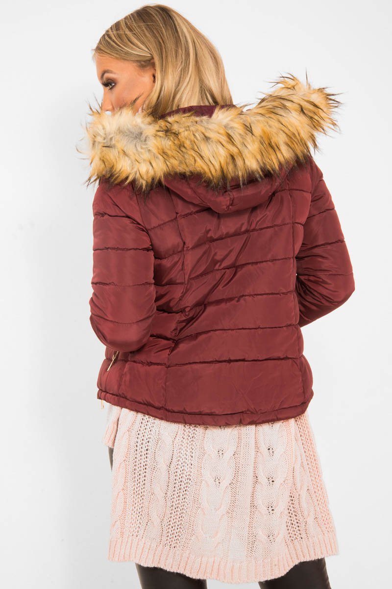 Wine Padded Coat with Fur Trim Hood - Helena-Coats