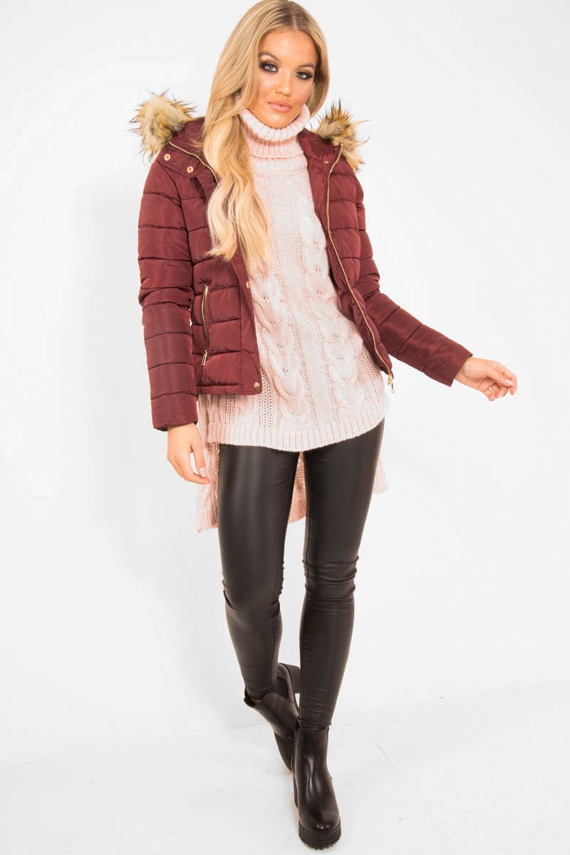 Wine Padded Coat with Fur Trim Hood - Helena-Coats