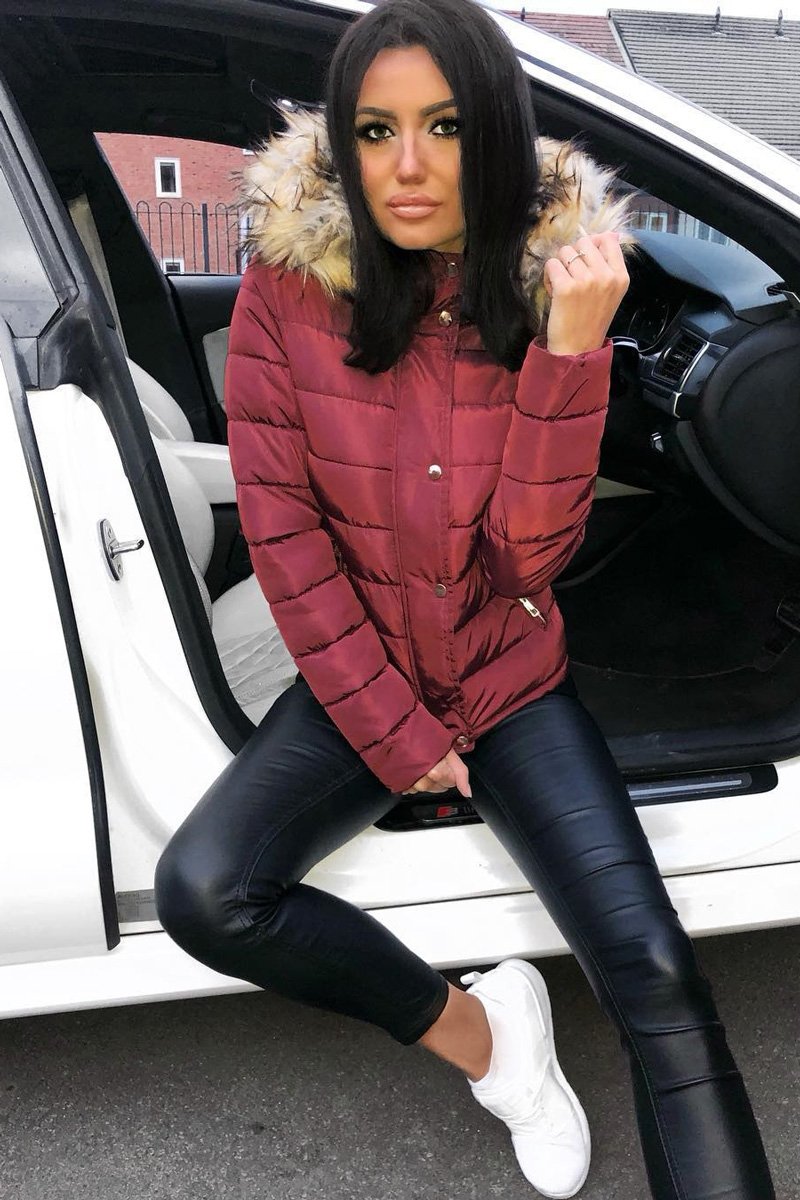 Wine Padded Coat with Fur Trim Hood - Helena-Coats