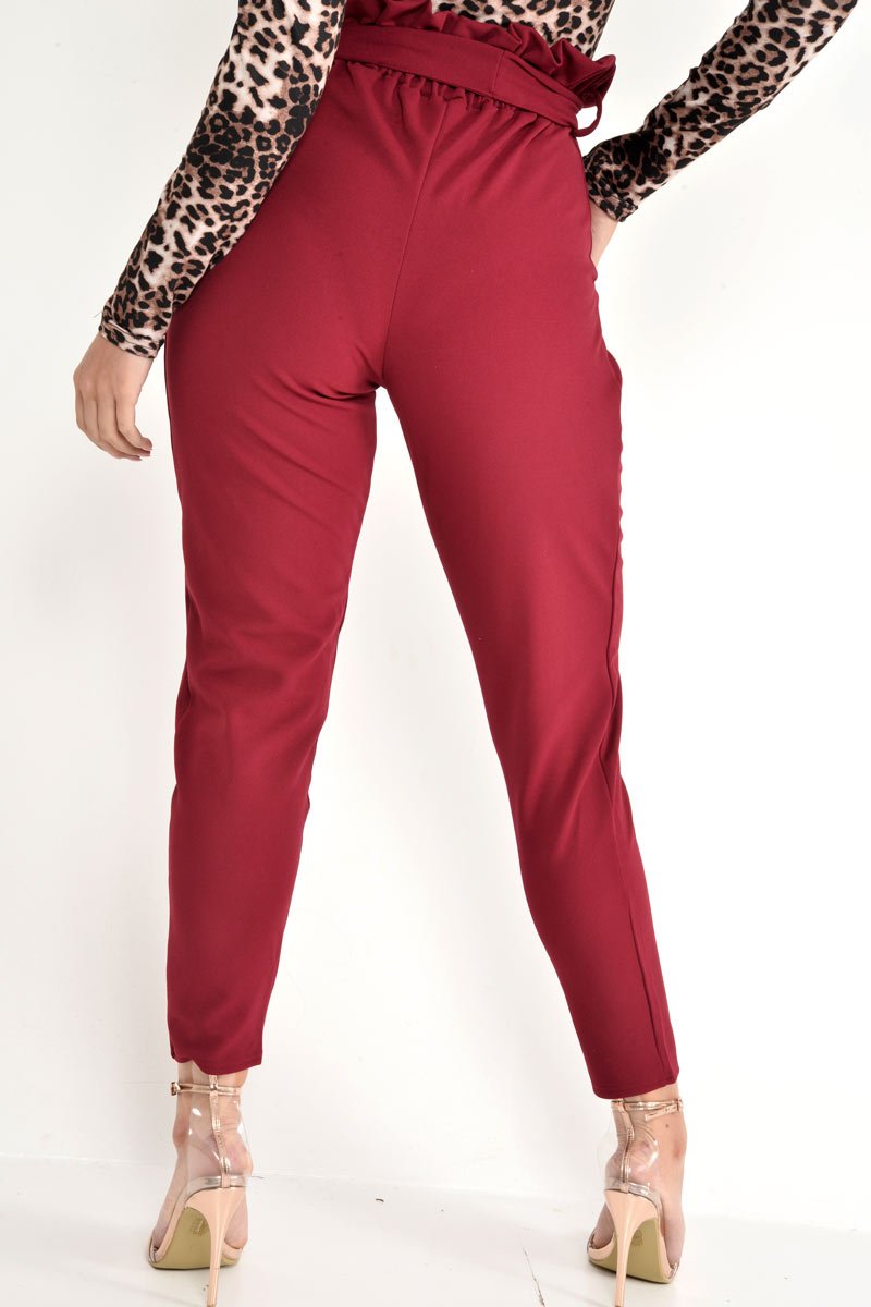 Wine Paper Bag Tie Waist Cigarette Trousers - Karmen-Trousers