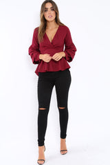 Wine Pleated Dip Hem Top - Avah-Tops