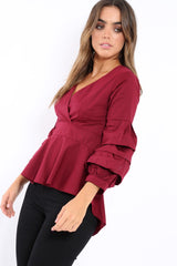 Wine Pleated Dip Hem Top - Avah-Tops