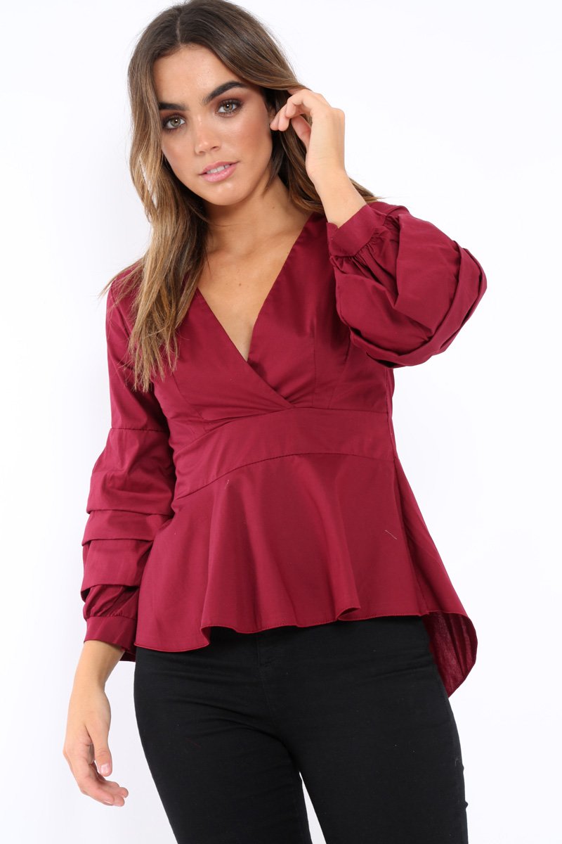 Wine Pleated Dip Hem Top - Avah-Tops