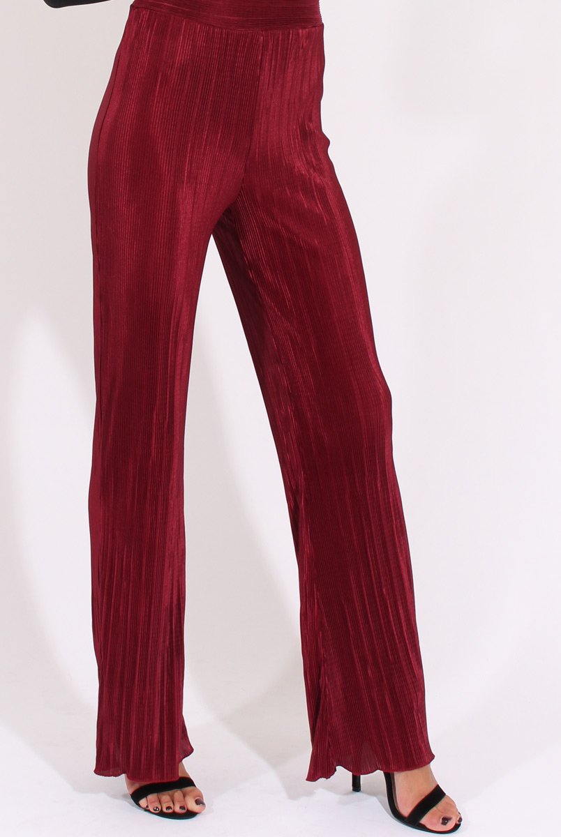 Wine Pleated Long High Waisted Trousers - Jojo-Trousers