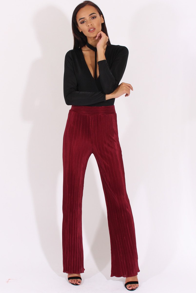 Wine Pleated Long High Waisted Trousers - Jojo-Trousers
