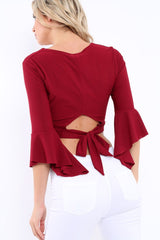 Wine Plunge Bell Sleeve Crop Top - Merla-Crop Tops