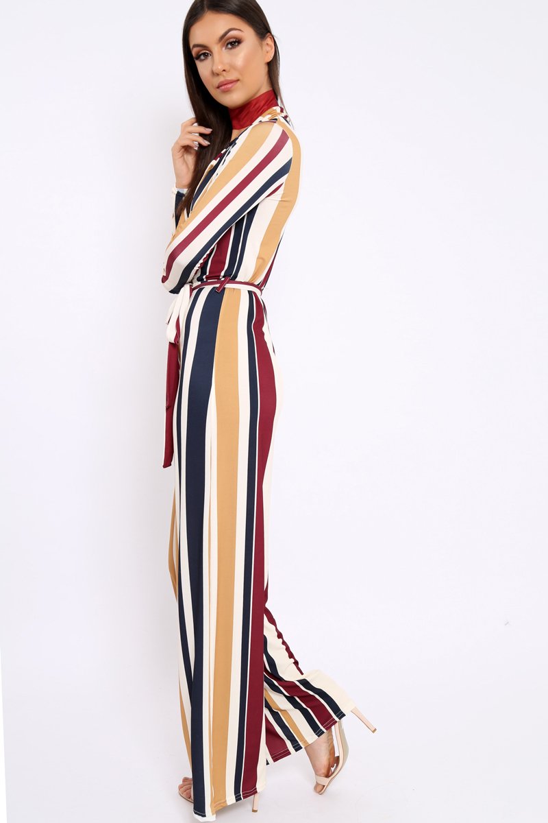Wine Plunge Front Multi Stripe Jumpsuit - Jara-Jumpsuits